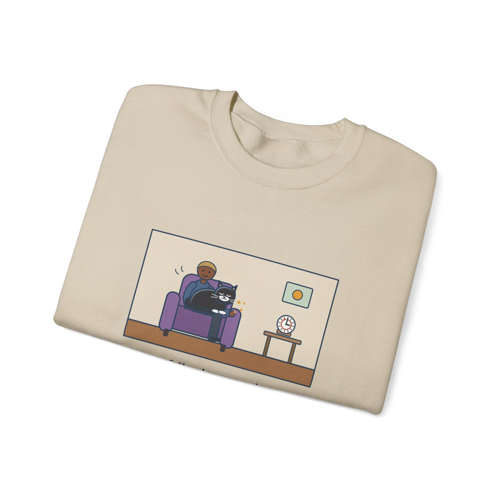 Cat Lap Sweatshirt, His Arm Fell Asleep at Minute Ten, The Cat Stayed Till Minute Sixty, Funny Armchair Hour Crewneck