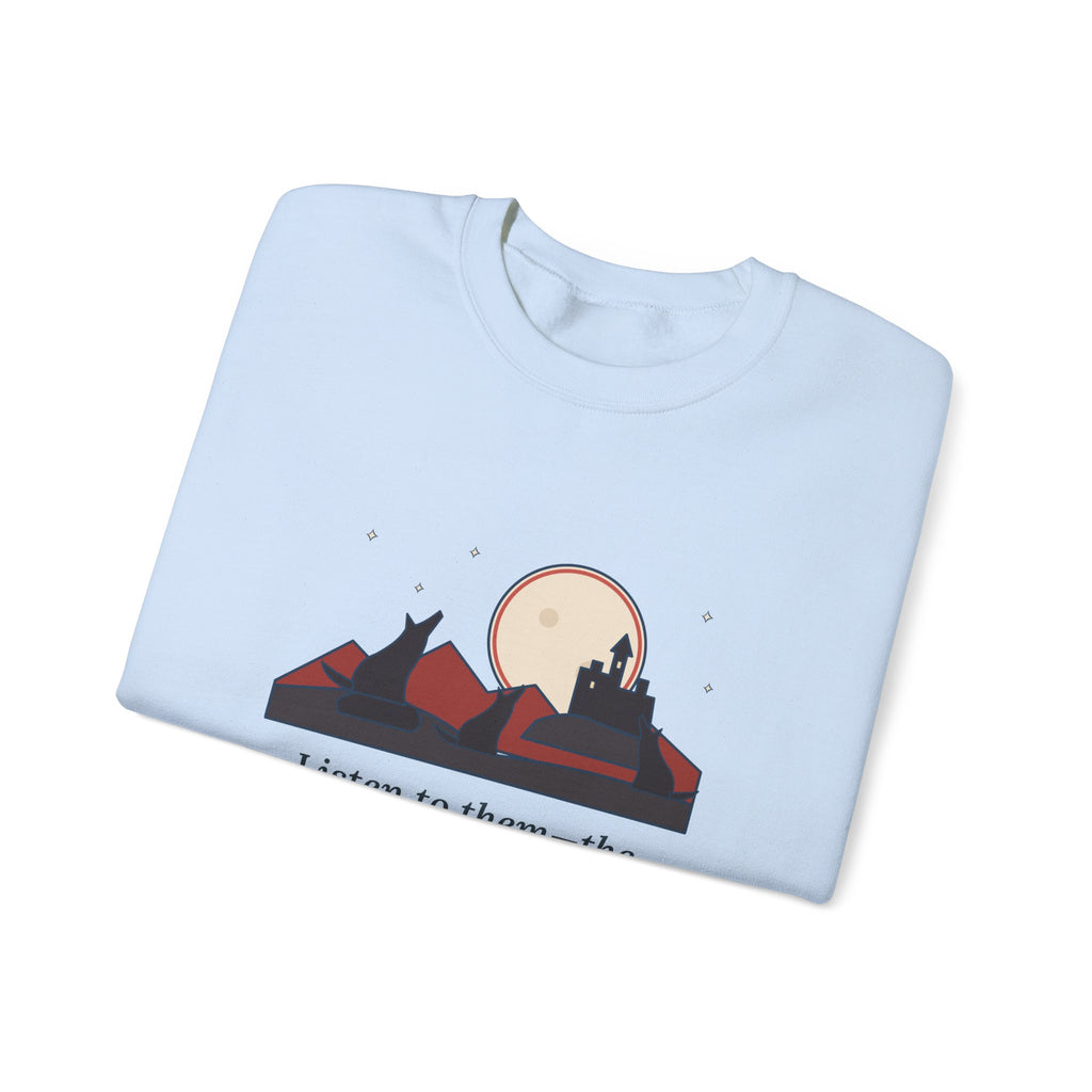 The Children of the Night Sweatshirt, Gothic Bram Stoker Quote Crewneck with Wolves and Red Moon