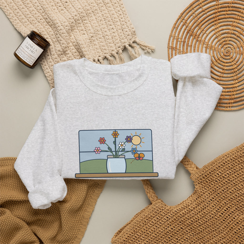 A Thing of Beauty Is a Joy Forever Sweatshirt, Nature John Keats Quote Crewneck with Wildflower Jar