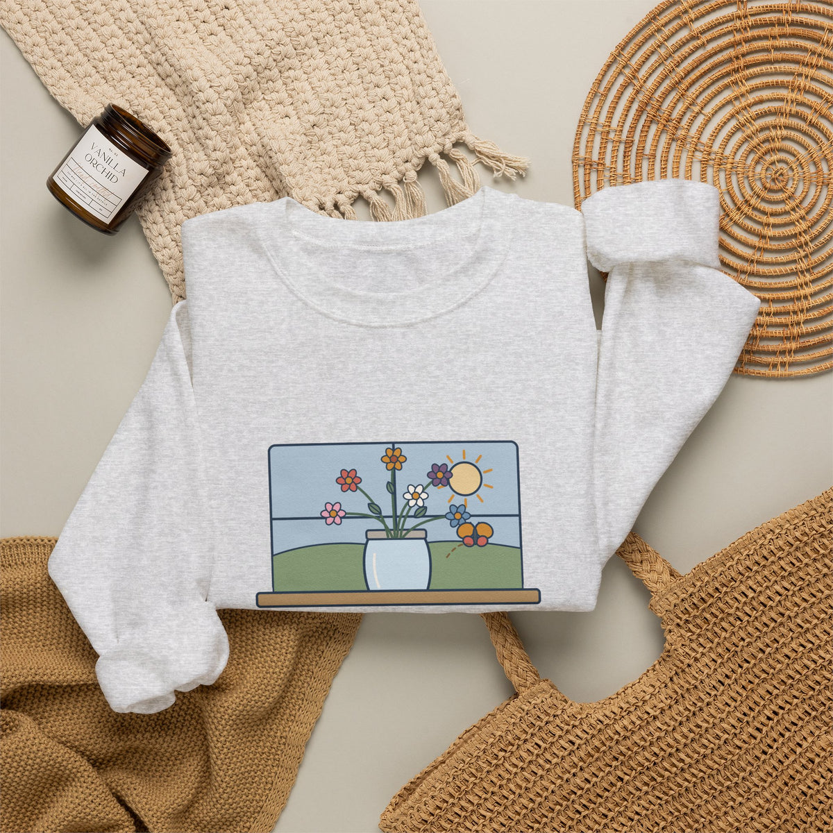 A Thing of Beauty Is a Joy Forever Sweatshirt, Nature John Keats Quote Crewneck with Wildflower Jar