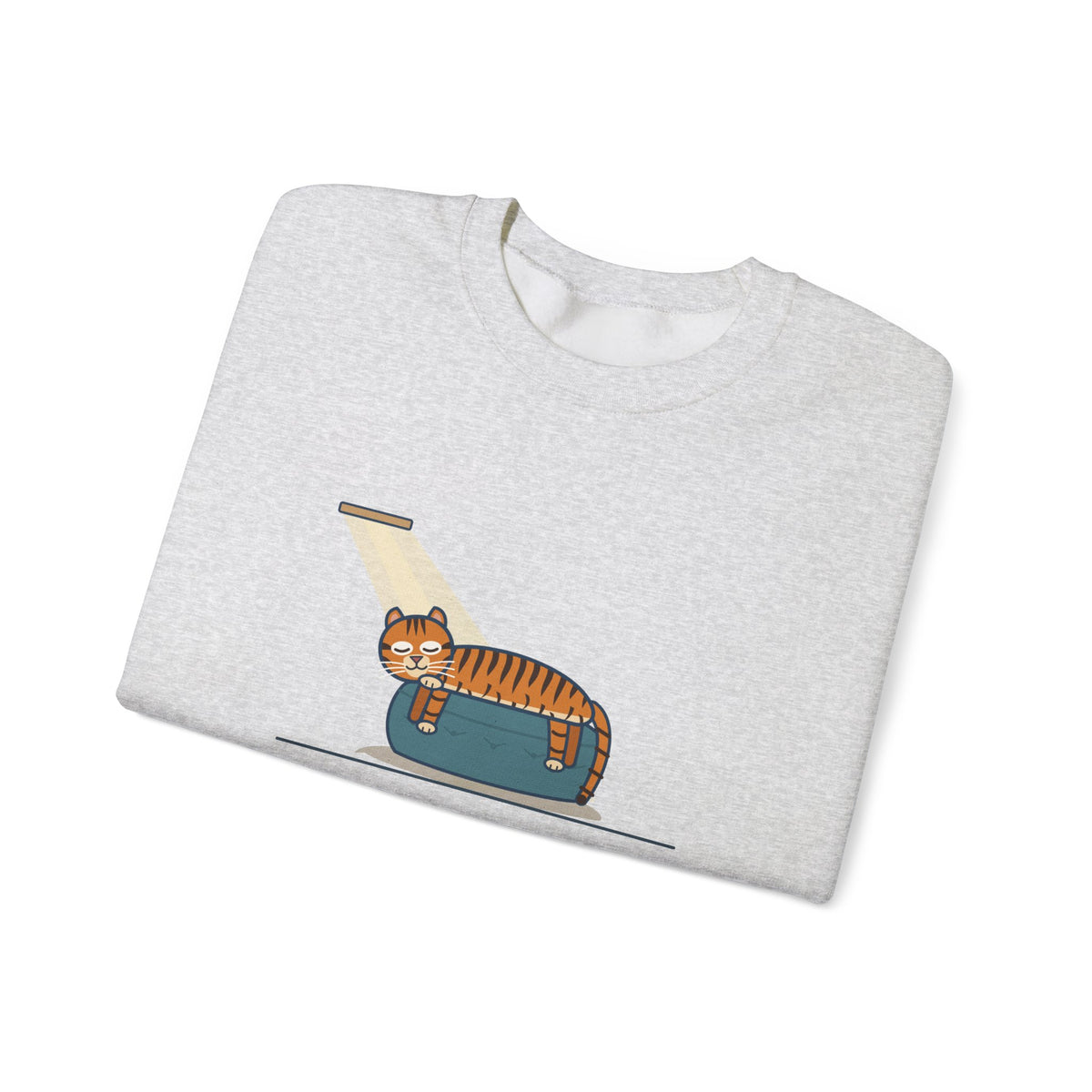 Tiger-Striped Cat Crewneck Sweatshirt - Sprawled on the Ottoman Like a Tiger on a Sun Rock Cat Gift