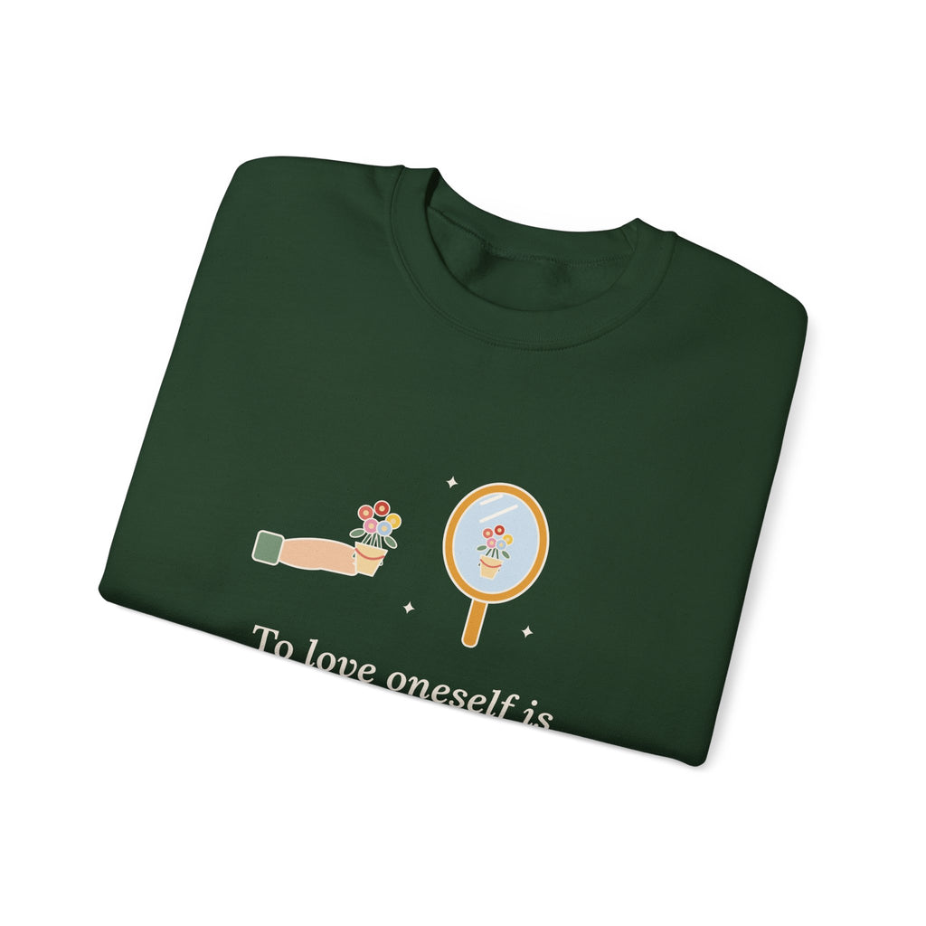 To Love Oneself Is the Beginning of a Life-Long Romance Sweatshirt, Self-Love Oscar Wilde Quote Crewneck with Mirror Bouquet