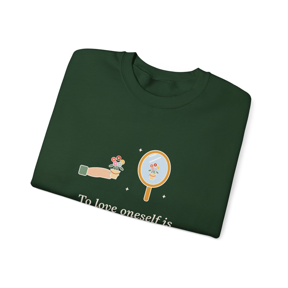 To Love Oneself Is the Beginning of a Life-Long Romance Sweatshirt, Self-Love Oscar Wilde Quote Crewneck with Mirror Bouquet