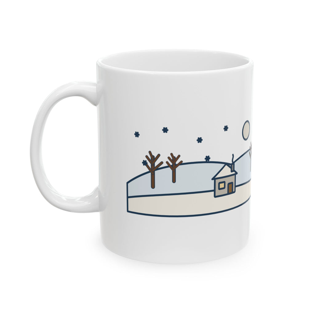 Rossetti Quote Mug, In the Bleak Mid-Winter, Winter Snowy Cottage Hill Coffee Mug 11oz