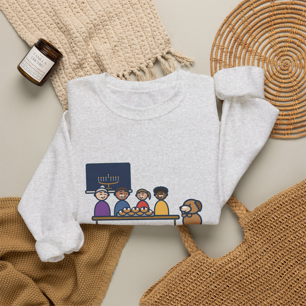 Hanukkah Sweatshirt, One Tray of Jelly Doughnuts, Powdered Sugar on Every Face, the Dog's Too, Funny Sugar Mustaches Crewneck