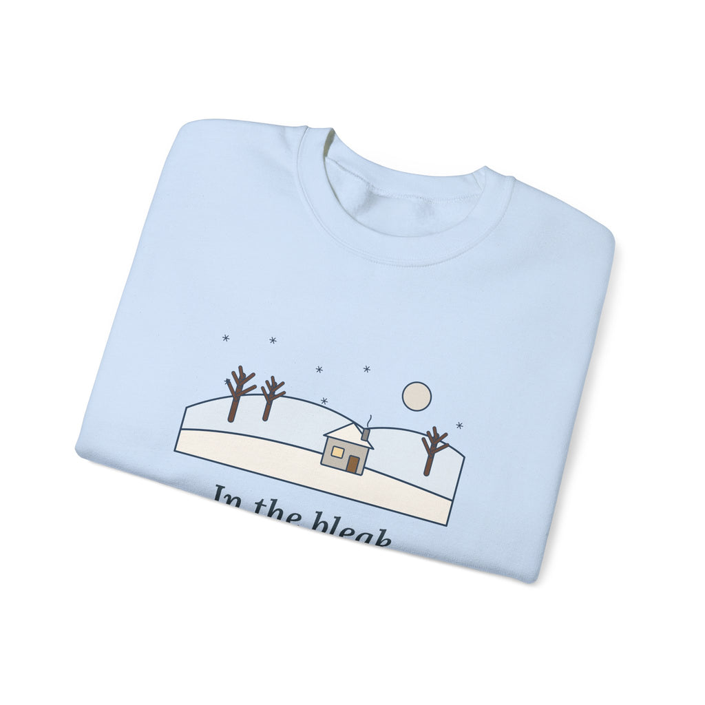 In the Bleak Mid-Winter Sweatshirt, Winter Rossetti Quote Crewneck with Snowy Cottage Hill
