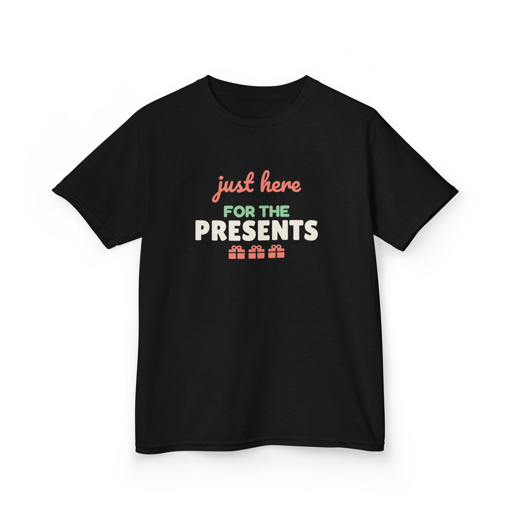 Just Here for the Presents Youth T-Shirt, Funny Christmas Kids Tee