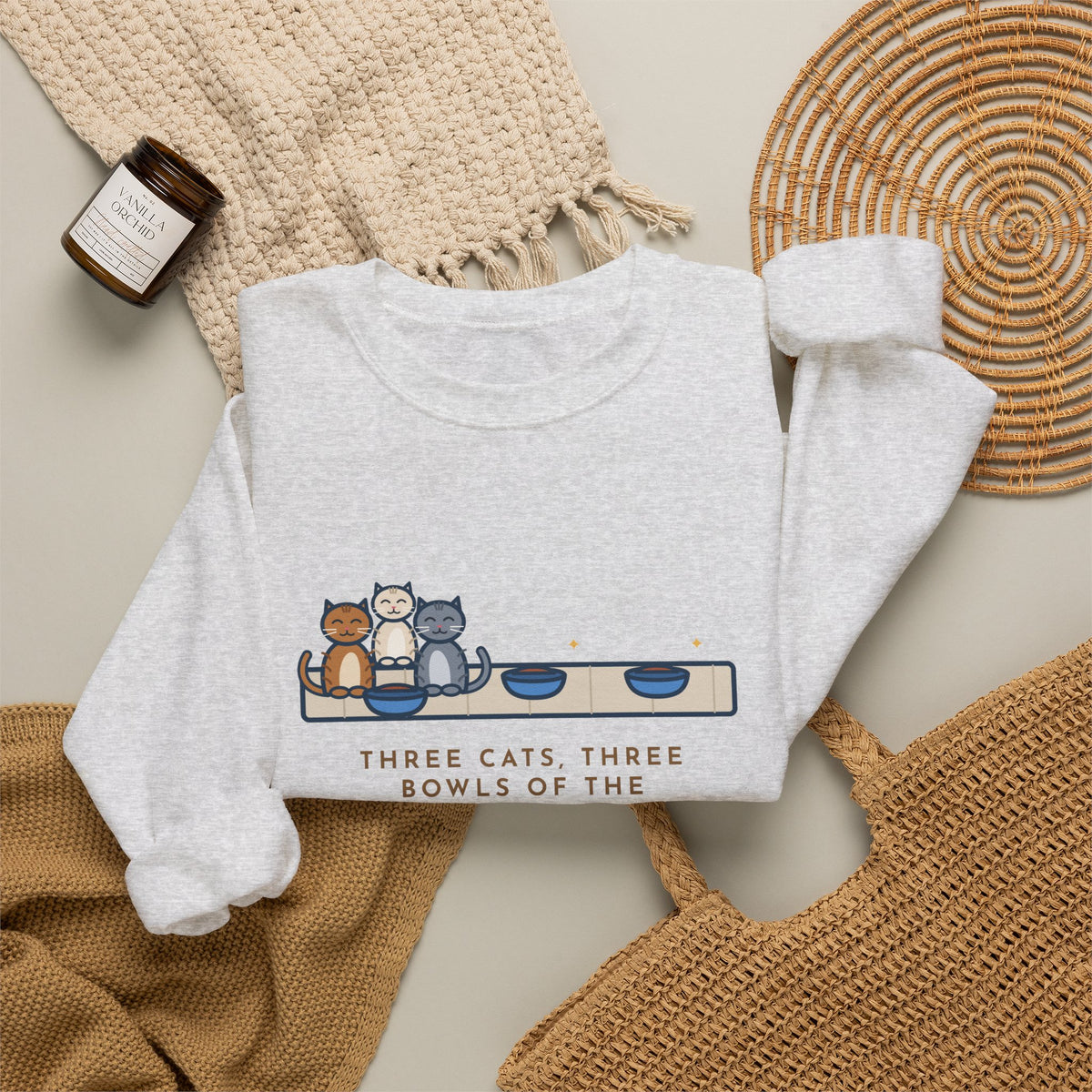Three Cats Sweatshirt, Three Bowls of the Same Food, Every Cat Wants the One on the Left, Funny Kitchen Floor Crewneck