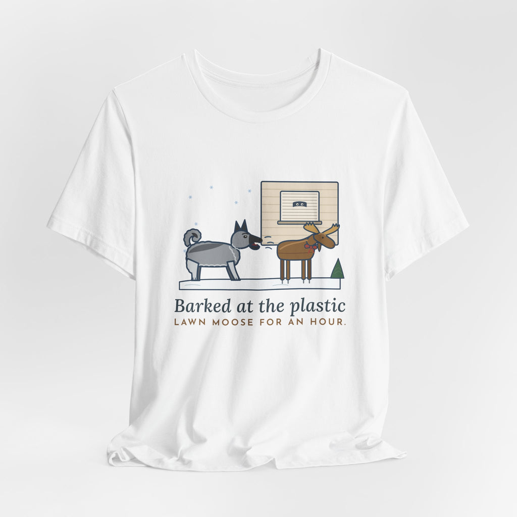 Norwegian Elkhound T-Shirt - Barked at the Plastic Lawn Moose for an Hour, Winter Dog Tee