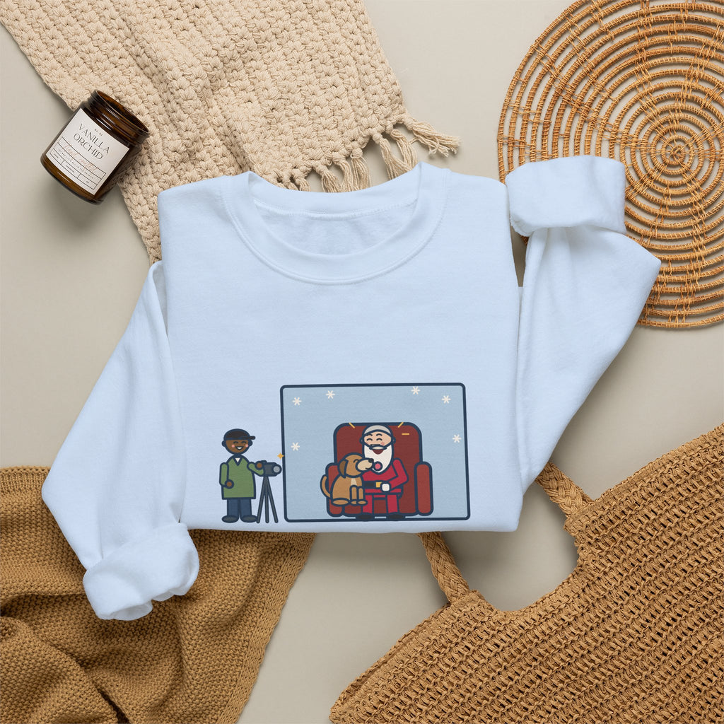 Holiday Photo Sweatshirt, Took the Dog for Photos with the Man in the Red Suit, He Licked the Beard, Funny Photo Set Crewneck