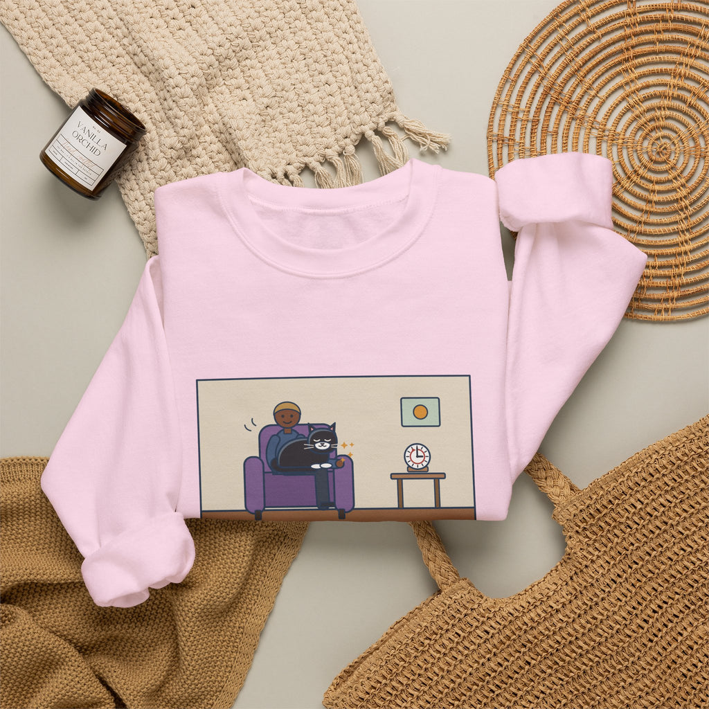 Cat Lap Sweatshirt, His Arm Fell Asleep at Minute Ten, The Cat Stayed Till Minute Sixty, Funny Armchair Hour Crewneck