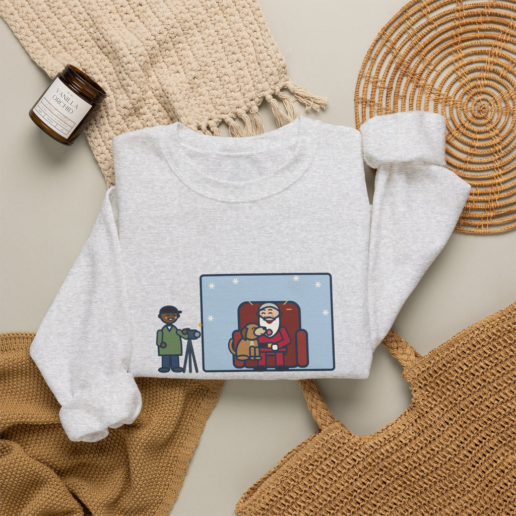 Holiday Photo Sweatshirt, Took the Dog for Photos with the Man in the Red Suit, He Licked the Beard, Funny Photo Set Crewneck