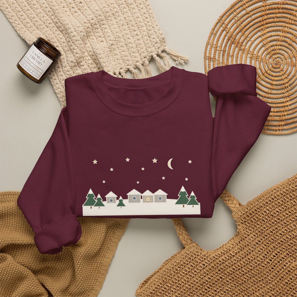 All Is Calm, All Is Bright Sweatshirt, Christmas Joseph Mohr Quote Crewneck with Snowy Village Night