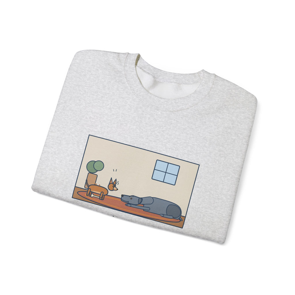 Chiweenie Sweatshirt, Ten Pounds, Guarded His Chew from a Great Dane, Funny Living Room Standoff Crewneck