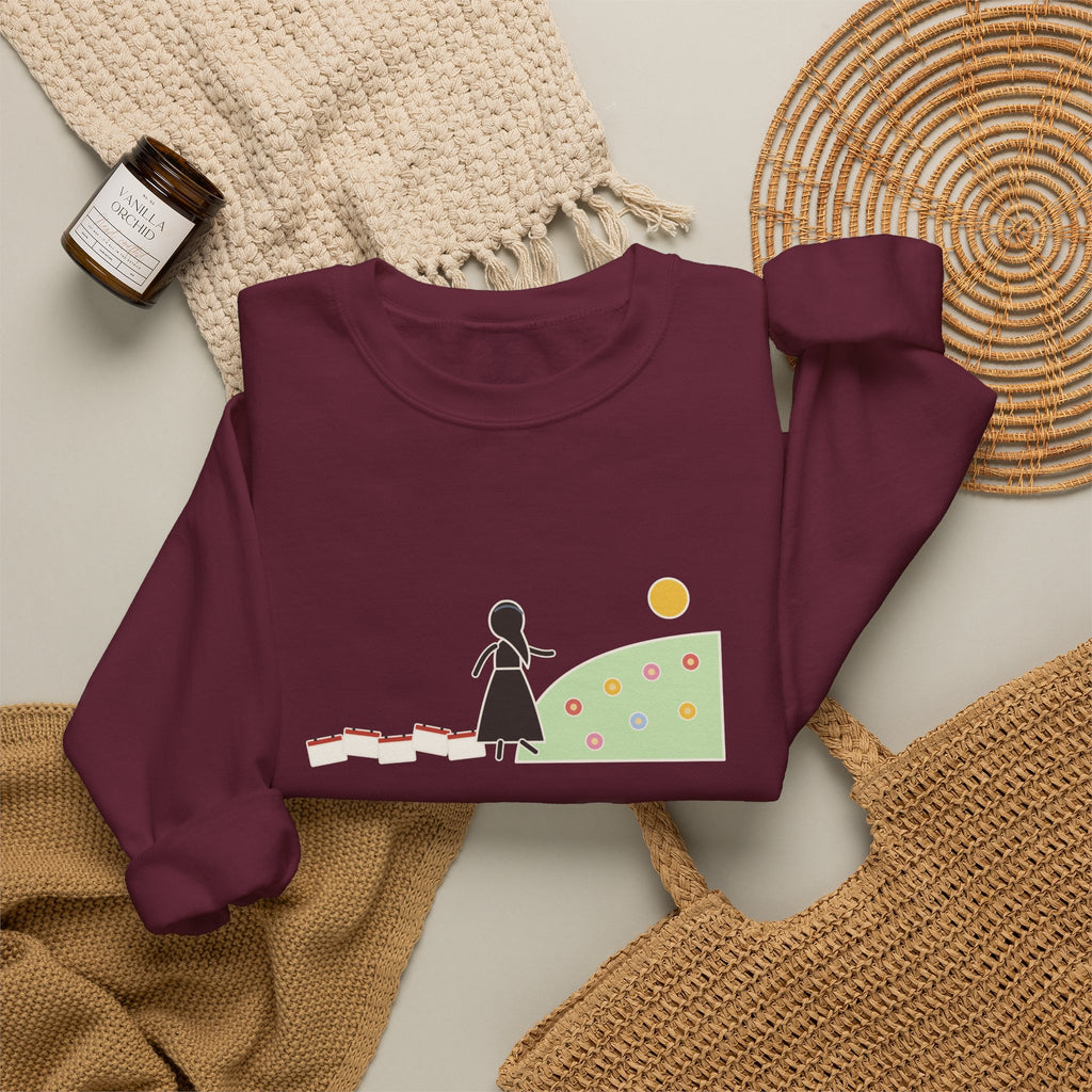 It's No Use Going Back to Yesterday Sweatshirt, Growth Lewis Carroll Quote Crewneck with Calendar Path