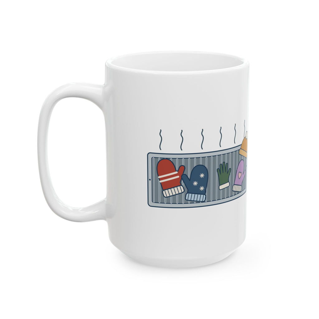 Large 15oz Winter Mug - Mittens Drying on Every Vent Snow Day Cocoa Mug