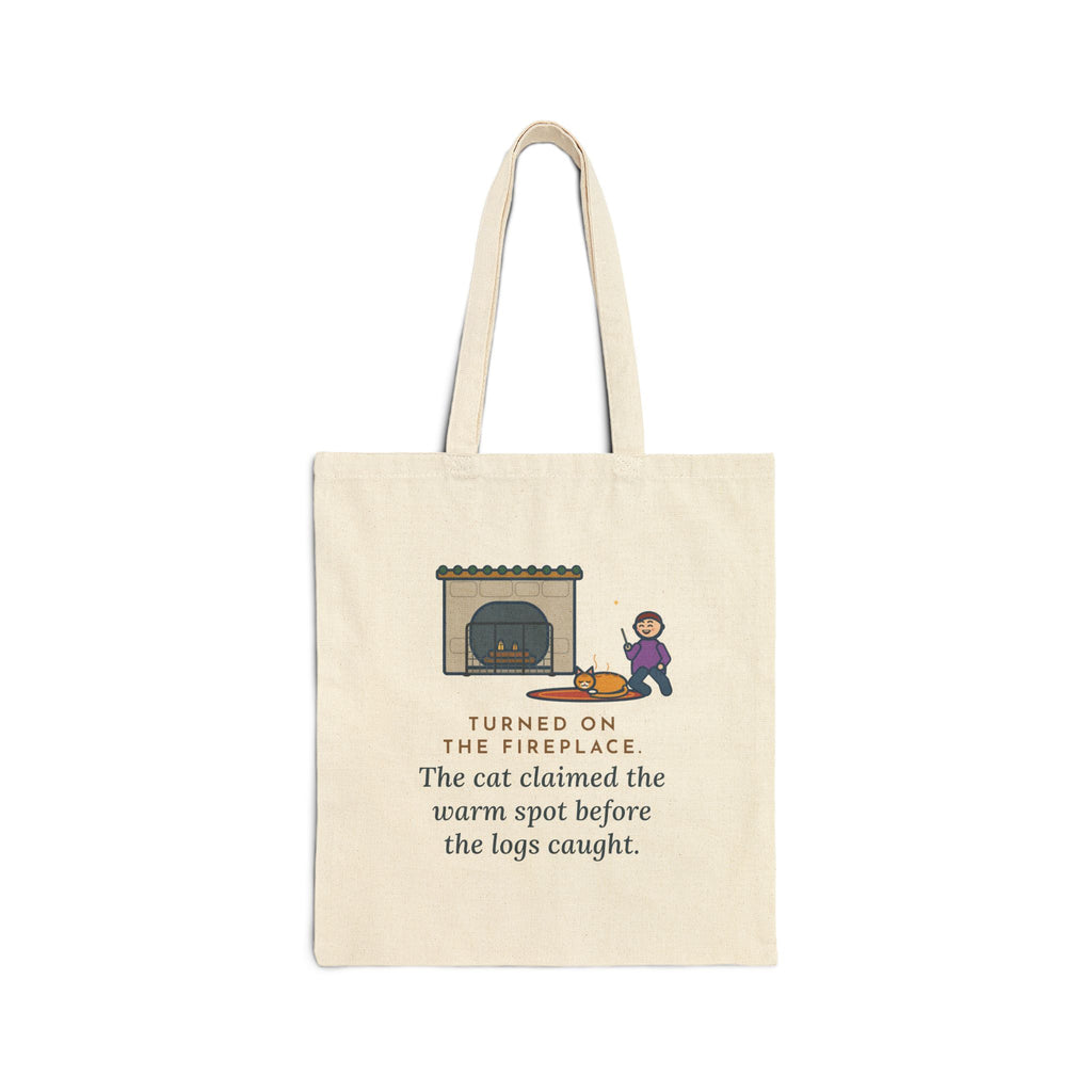 Fireplace Cat Tote Bag, Turned On the Fireplace, The Cat Claimed the Warm Spot Before the Logs Caught, Hearth Rug