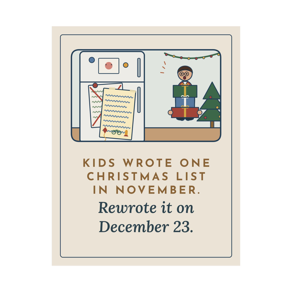 Christmas List Poster, Kids Wrote One in November, Rewrote It on December 23, Funny Fridge Door Wall Art