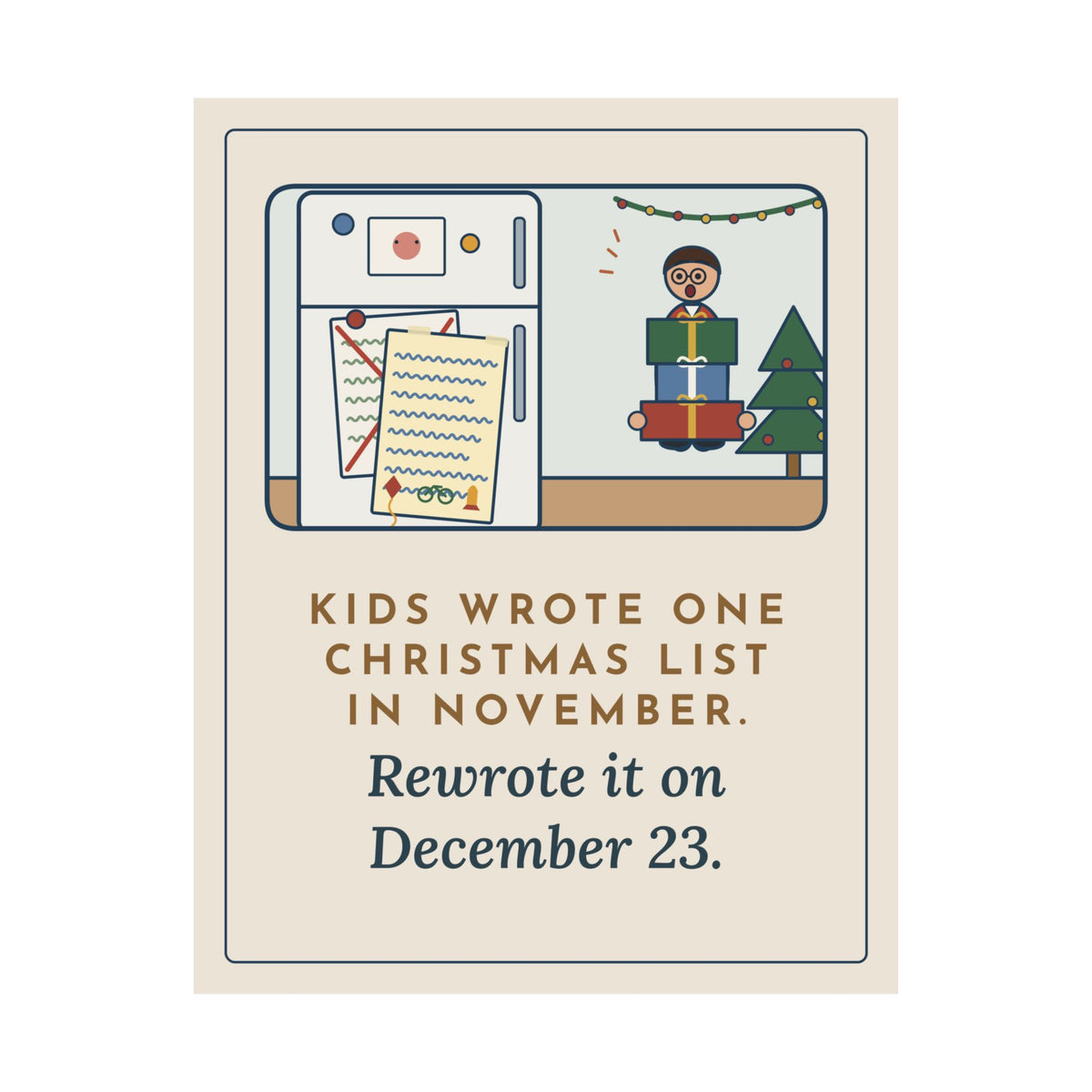 Christmas List Poster, Kids Wrote One in November, Rewrote It on December 23, Funny Fridge Door Wall Art