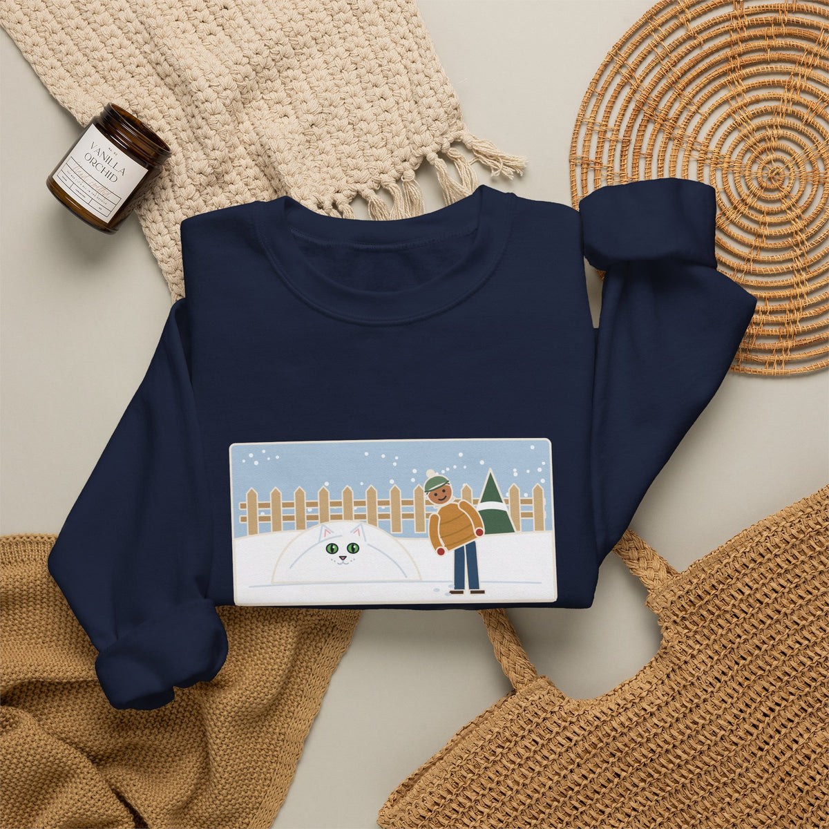 White Cat Sweatshirt, In the Snow, Found Her by the Pink Nose and the Green Eyes, Funny Snowy Backyard Crewneck