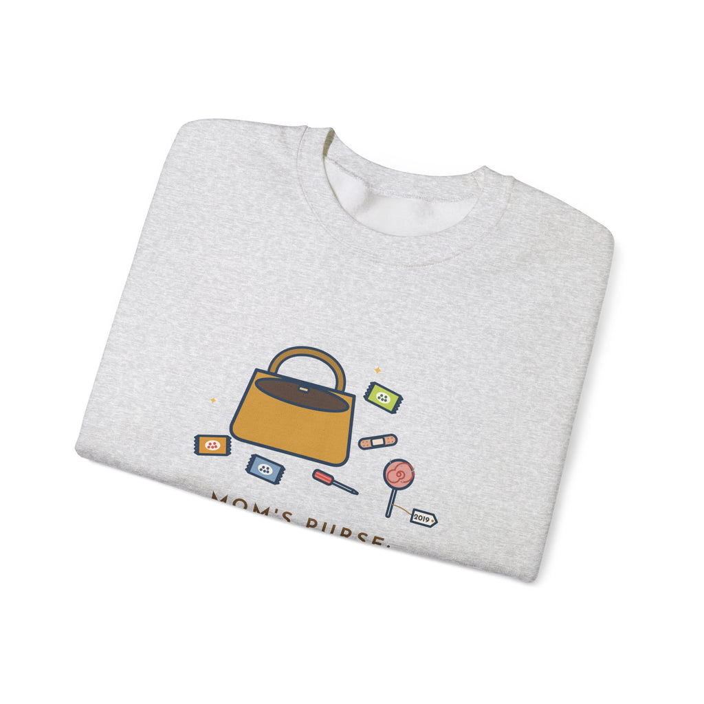 Mom Sweatshirt, Mom's Purse, Three Snacks, a Bandage, a Screwdriver and a Very Old Lollipop, Funny Purse Flat-Lay Crewneck