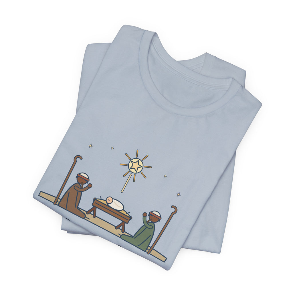 Oakeley Quote T-Shirt, O Come, Let Us Adore him, Christmas Woodcut Manger Tee