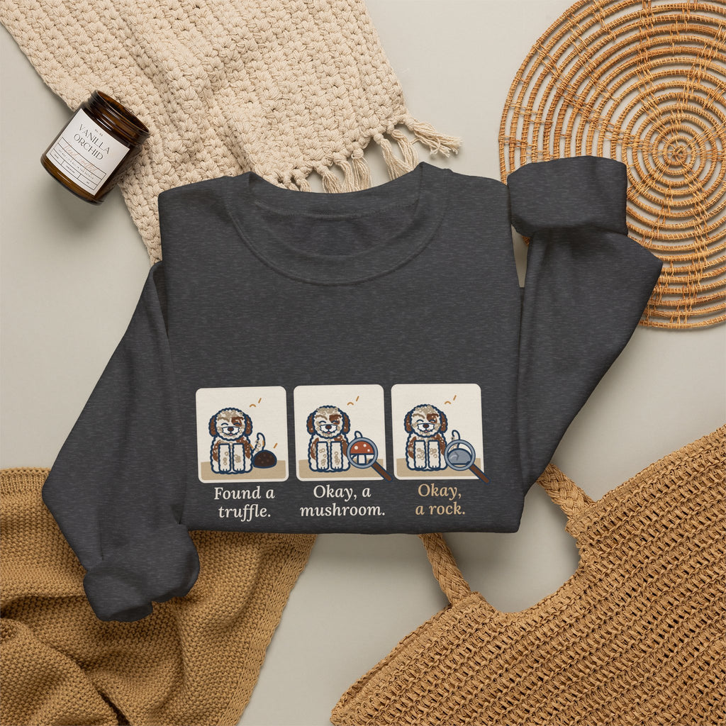 Lagotto Romagnolo Crewneck Sweatshirt - Truffle, Mushroom, Rock Three-Panel Dog Comic