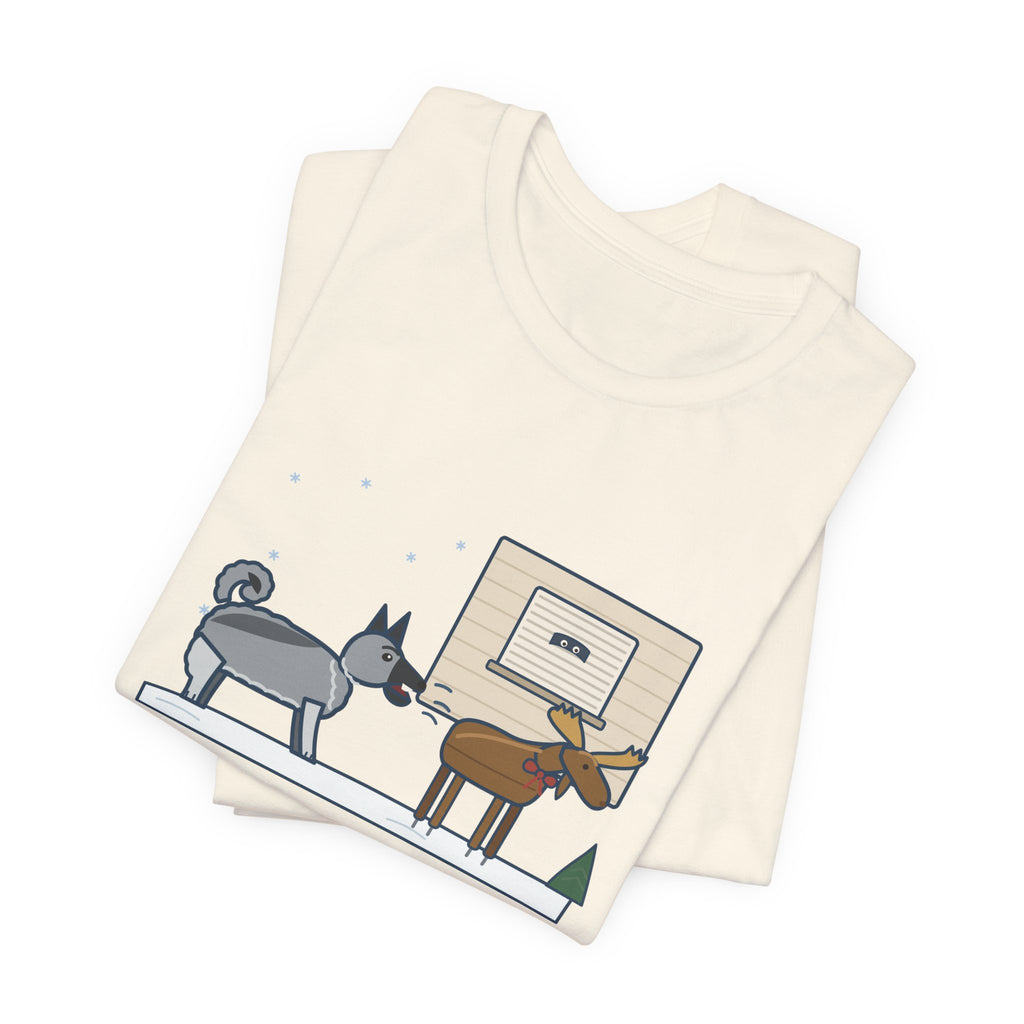 Norwegian Elkhound T-Shirt - Barked at the Plastic Lawn Moose for an Hour, Winter Dog Tee