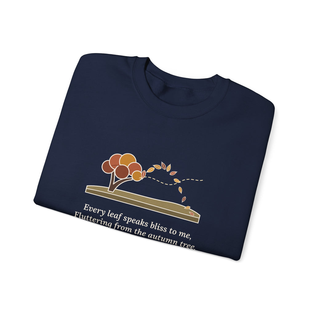 Every Leaf Speaks Bliss to Me Sweatshirt, Autumn Emily Brontë Quote Crewneck with Windswept Moor Tree
