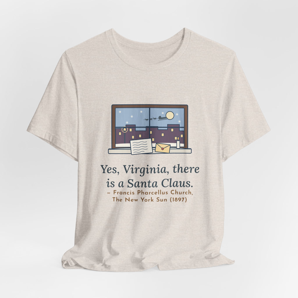 F. P. Church Quote T-Shirt, Yes Virginia 1897 Editorial, Christmas Snowy Windowsill Letter Tee
