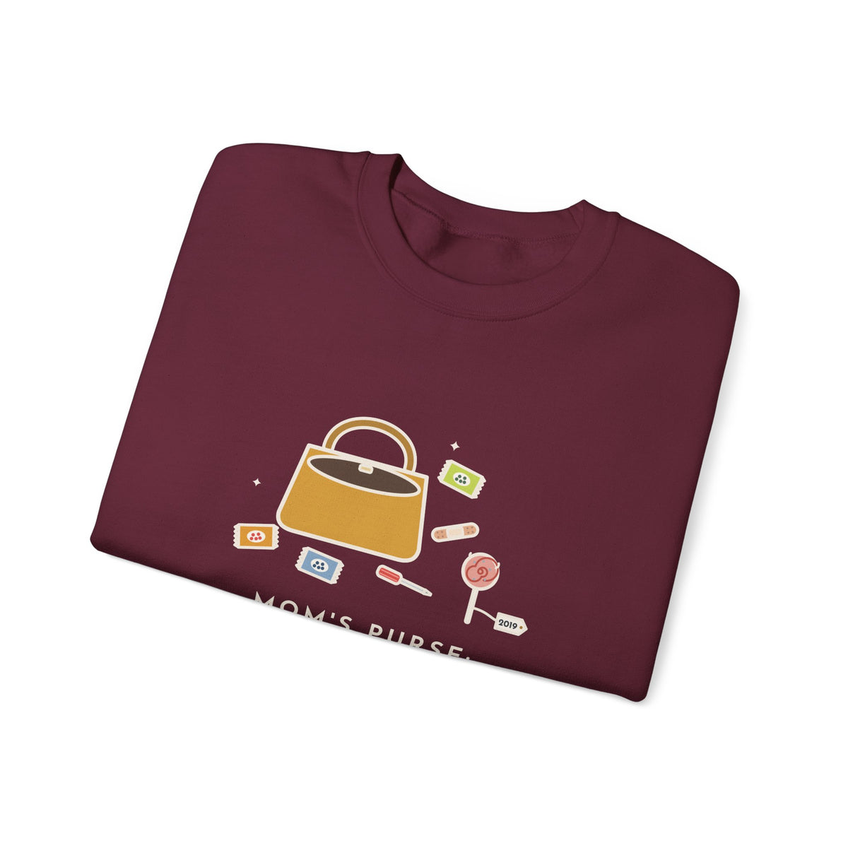 Mom Sweatshirt, Mom's Purse, Three Snacks, a Bandage, a Screwdriver and a Very Old Lollipop, Funny Purse Flat-Lay Crewneck