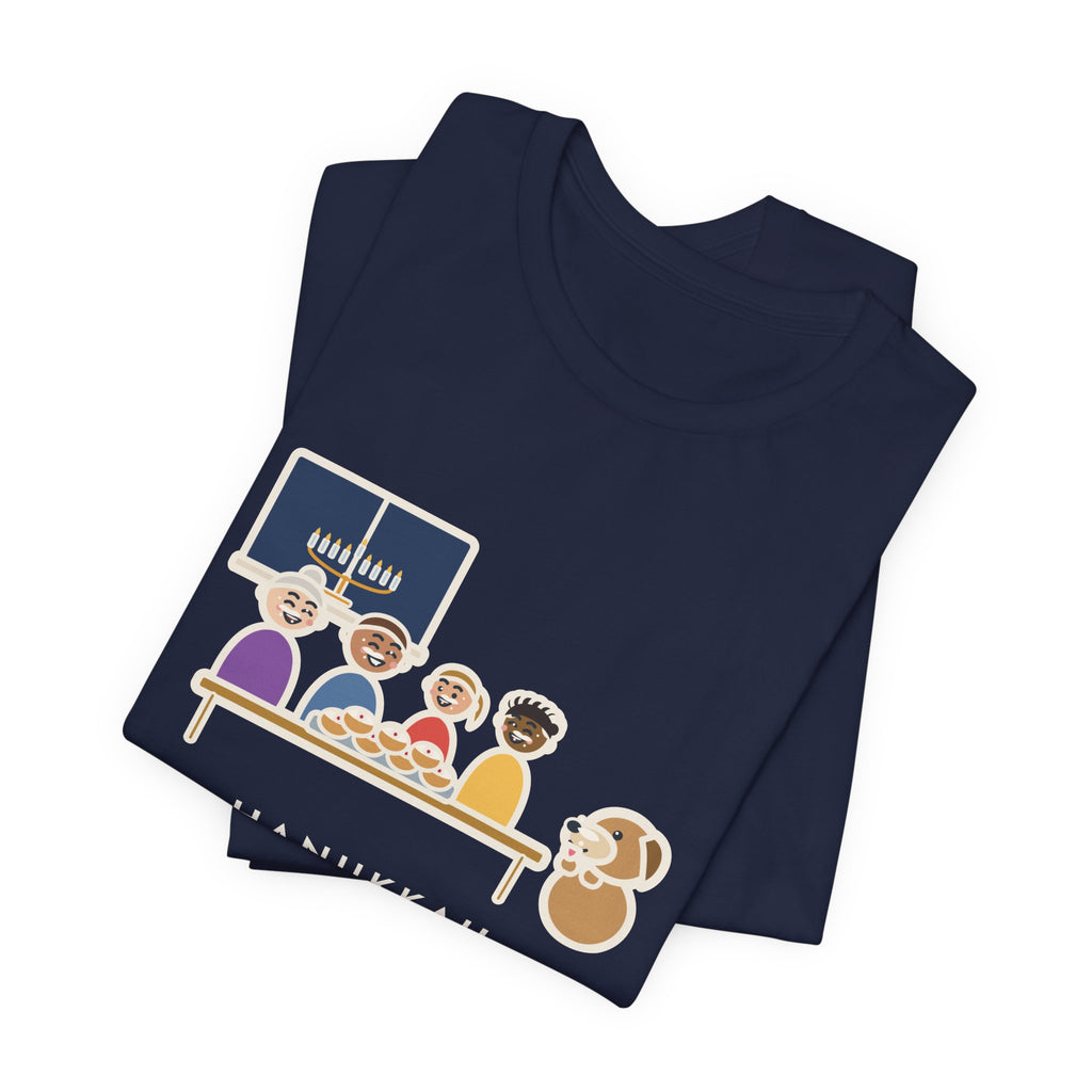Funny Hanukkah T-Shirt, One Tray of Jelly Doughnuts, Powdered Sugar on Every Face, the Dog's Too, Sugar Mustaches Tee