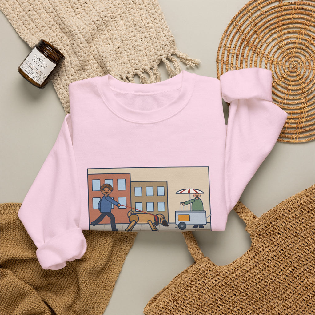 Puggle Sweatshirt, Caught a Scent on the Walk, We Followed It Four Blocks to a Hot Dog Cart, Funny City Walk Crewneck