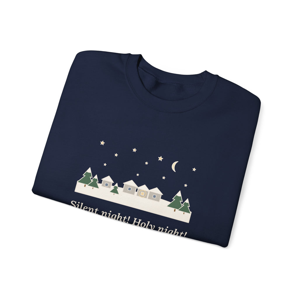 All Is Calm, All Is Bright Sweatshirt, Christmas Joseph Mohr Quote Crewneck with Snowy Village Night