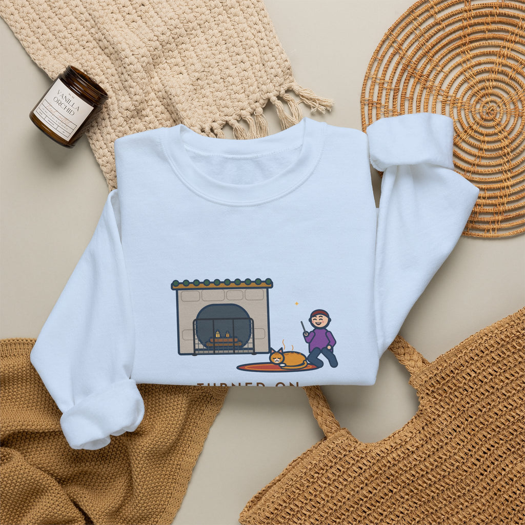 Fireplace Cat Sweatshirt, Turned On the Fireplace, The Cat Claimed the Warm Spot Before the Logs Caught, Funny Hearth Rug Crewneck