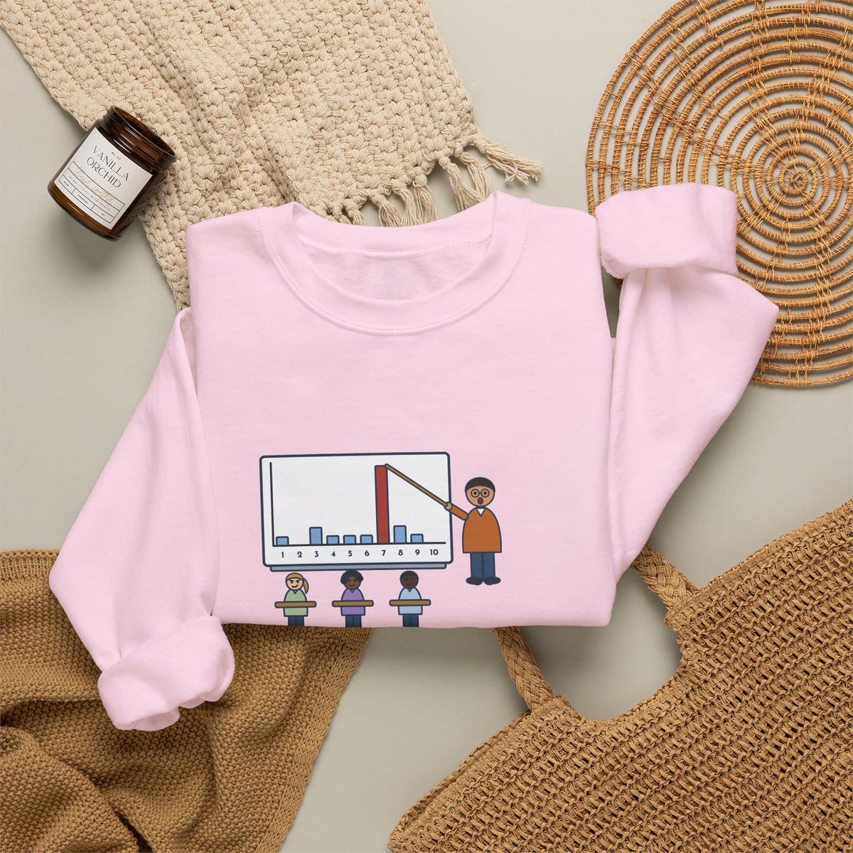 Statistics Teacher Crewneck Sweatshirt - Random Number Bar Chart Spike at Seven