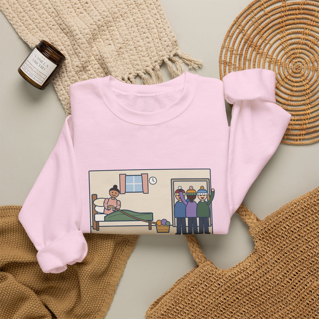 Antepartum Nurse Sweatshirt, Week Five of Bed Rest, She Knitted a Hat for Every Nurse on Day Shift, Funny Knitted Hats Crewneck