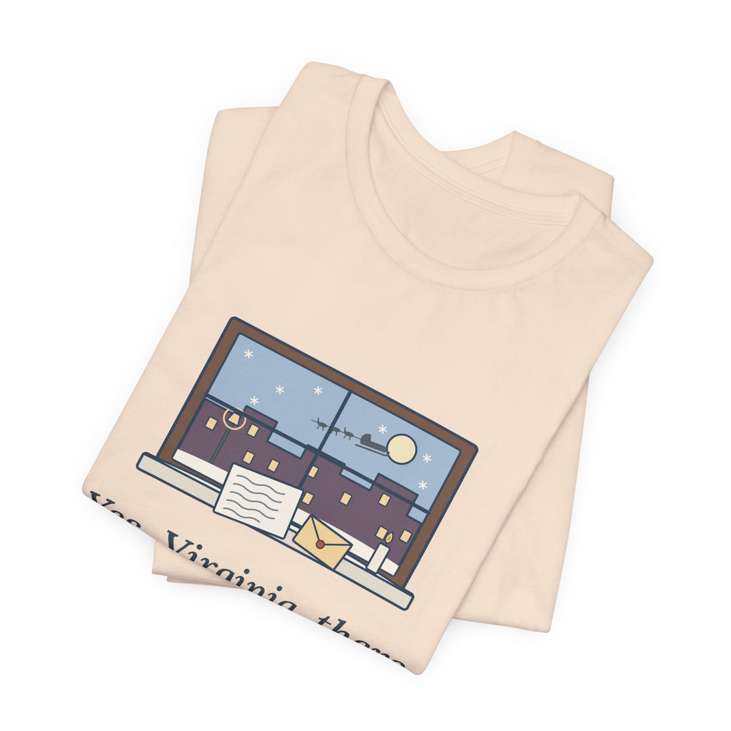 F. P. Church Quote T-Shirt, Yes Virginia 1897 Editorial, Christmas Snowy Windowsill Letter Tee