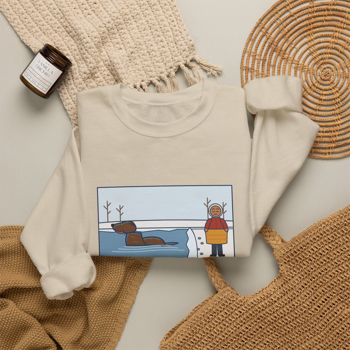 Chesapeake Bay Retriever Sweatshirt, Saw the Lake in January and Went In Anyway, Twice, Funny Winter Lake Crewneck