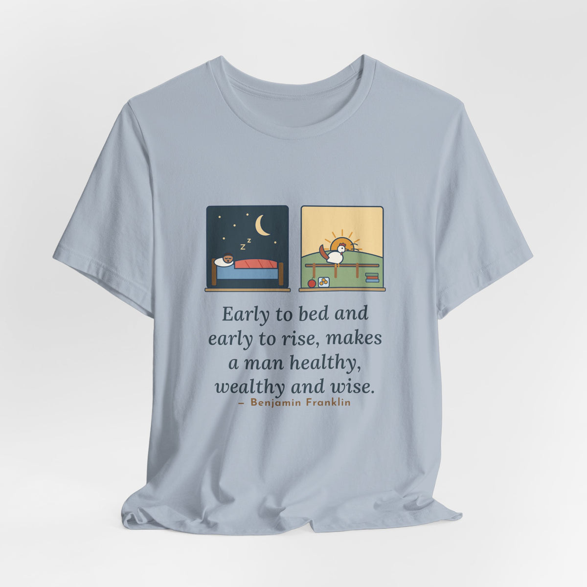 Franklin Wisdom Quote T-Shirt, Early to Bed and Early to Rise, Early Riser Moon and Rooster Tee
