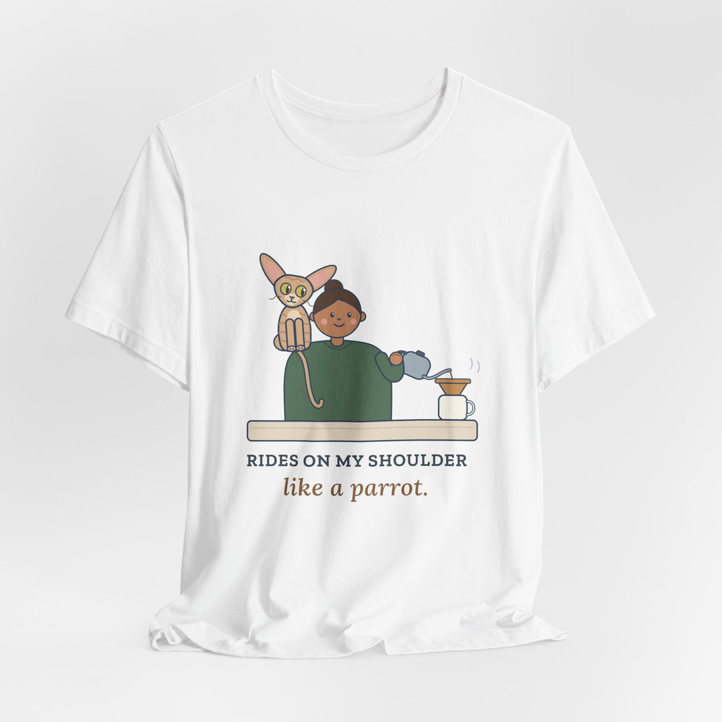 Devon Rex Cat T-Shirt - Rides on My Shoulder Like a Parrot Funny Shoulder Cat Tee