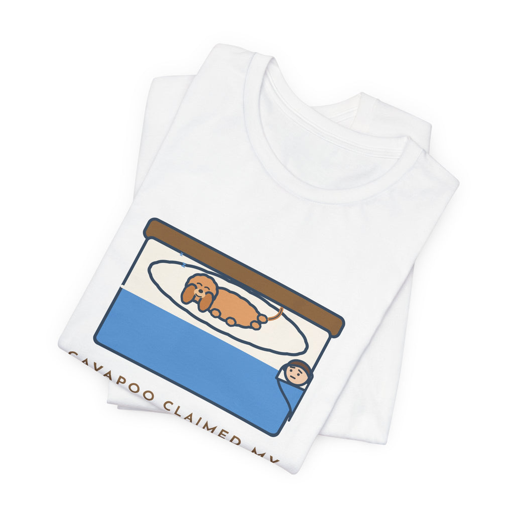 Funny Cavapoo T-Shirt, Claimed My Pillow on Night One, I Sleep on the Corner Now, Big Bed Tee