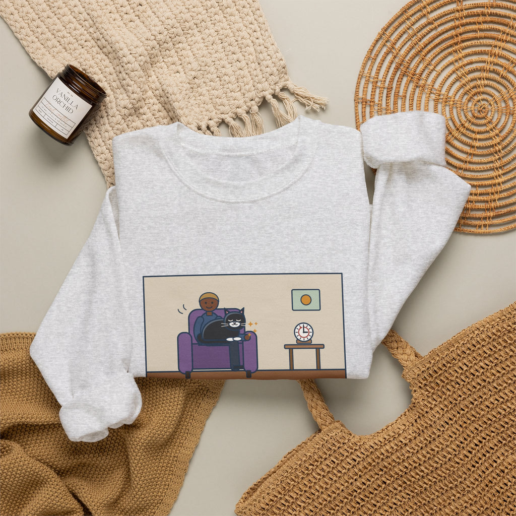 Cat Lap Sweatshirt, His Arm Fell Asleep at Minute Ten, The Cat Stayed Till Minute Sixty, Funny Armchair Hour Crewneck
