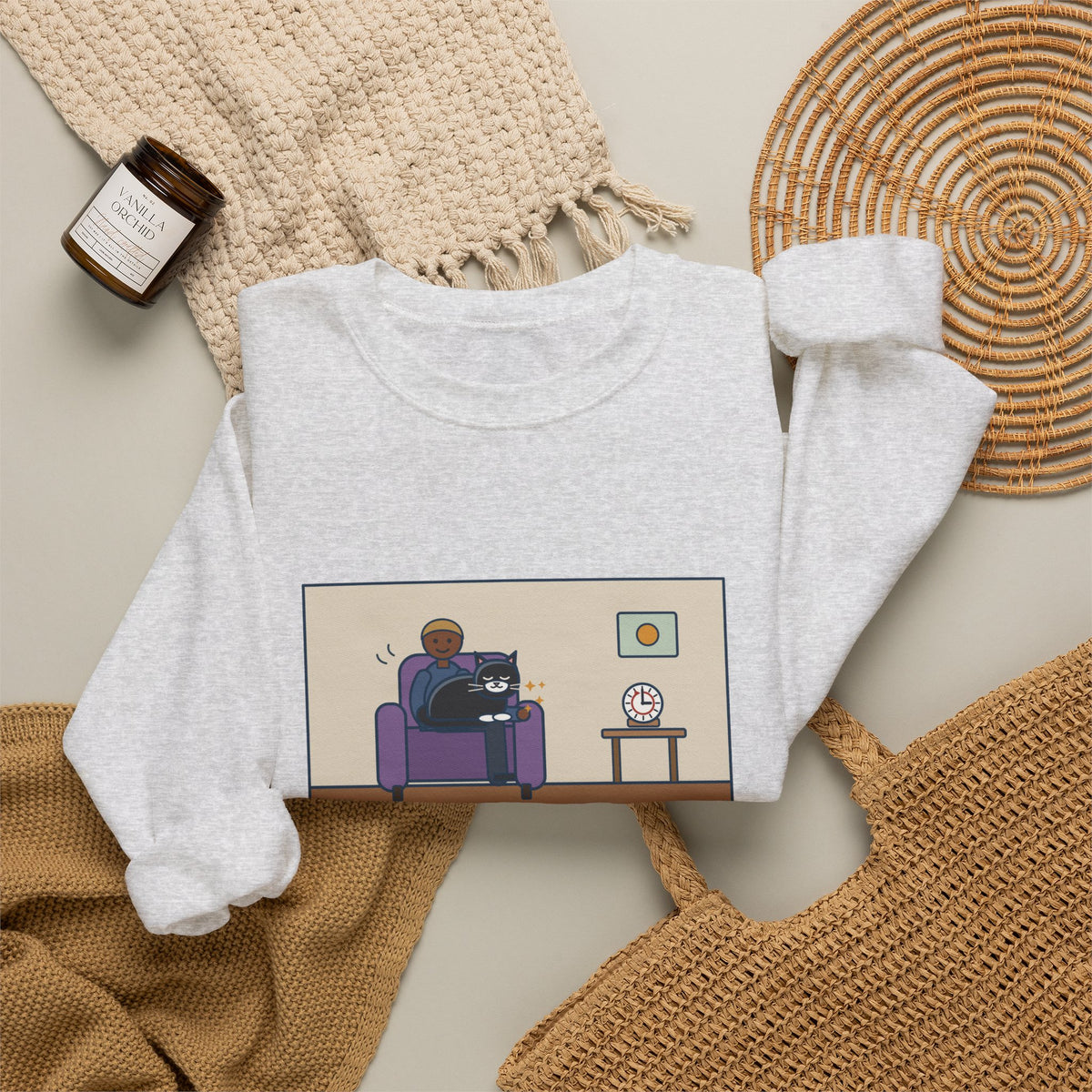Cat Lap Sweatshirt, His Arm Fell Asleep at Minute Ten, The Cat Stayed Till Minute Sixty, Funny Armchair Hour Crewneck