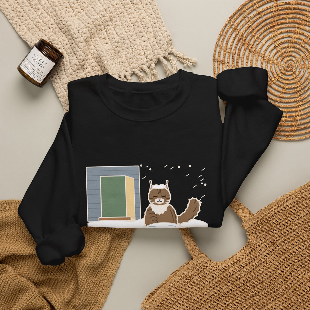 Siberian Cat Crewneck Sweatshirt - Happy in the Snowbank During a Snowstorm
