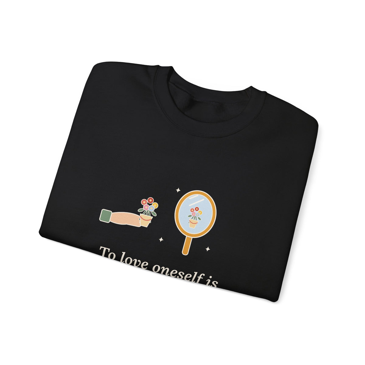 To Love Oneself Is the Beginning of a Life-Long Romance Sweatshirt, Self-Love Oscar Wilde Quote Crewneck with Mirror Bouquet