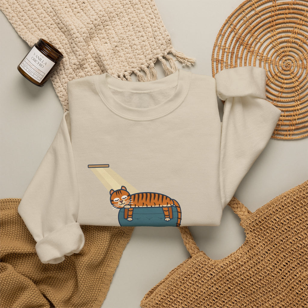 Tiger-Striped Cat Crewneck Sweatshirt - Sprawled on the Ottoman Like a Tiger on a Sun Rock Cat Gift
