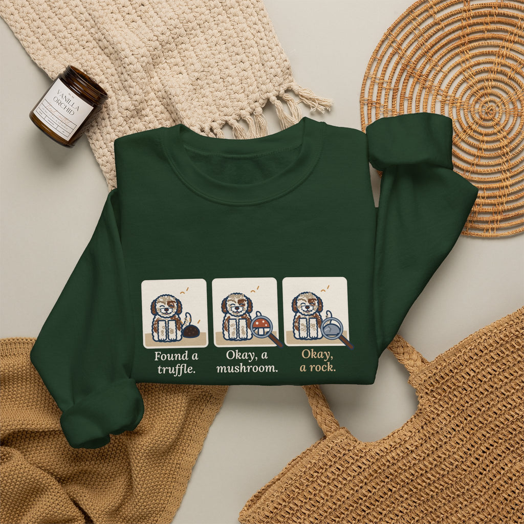 Lagotto Romagnolo Crewneck Sweatshirt - Truffle, Mushroom, Rock Three-Panel Dog Comic