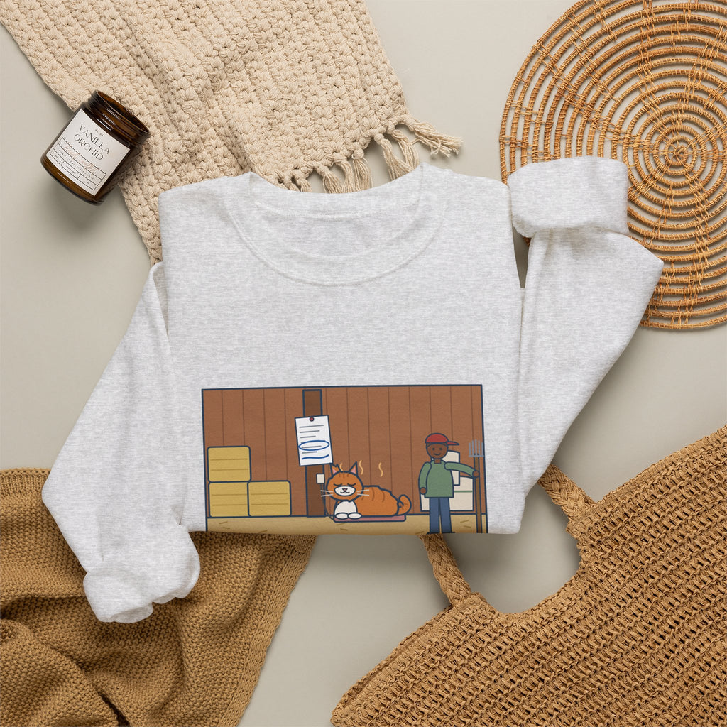 Barn Cat Sweatshirt, Showed Up in May, Now He Has a Heated Bed and His Name on the Feed Bill, Funny Barn Corner Crewneck