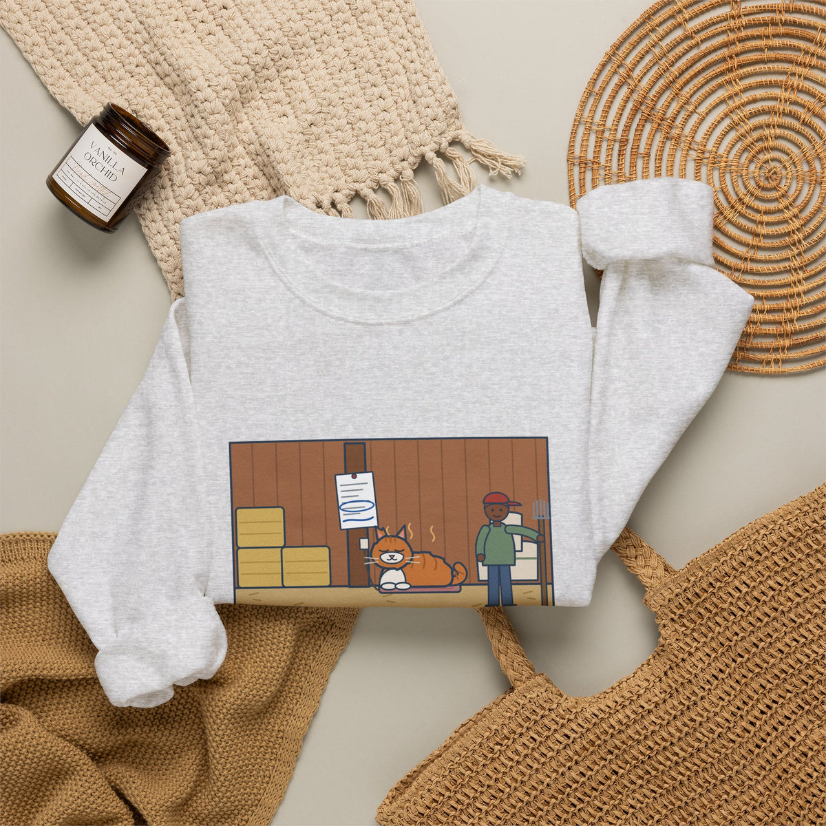 Barn Cat Sweatshirt, Showed Up in May, Now He Has a Heated Bed and His Name on the Feed Bill, Funny Barn Corner Crewneck